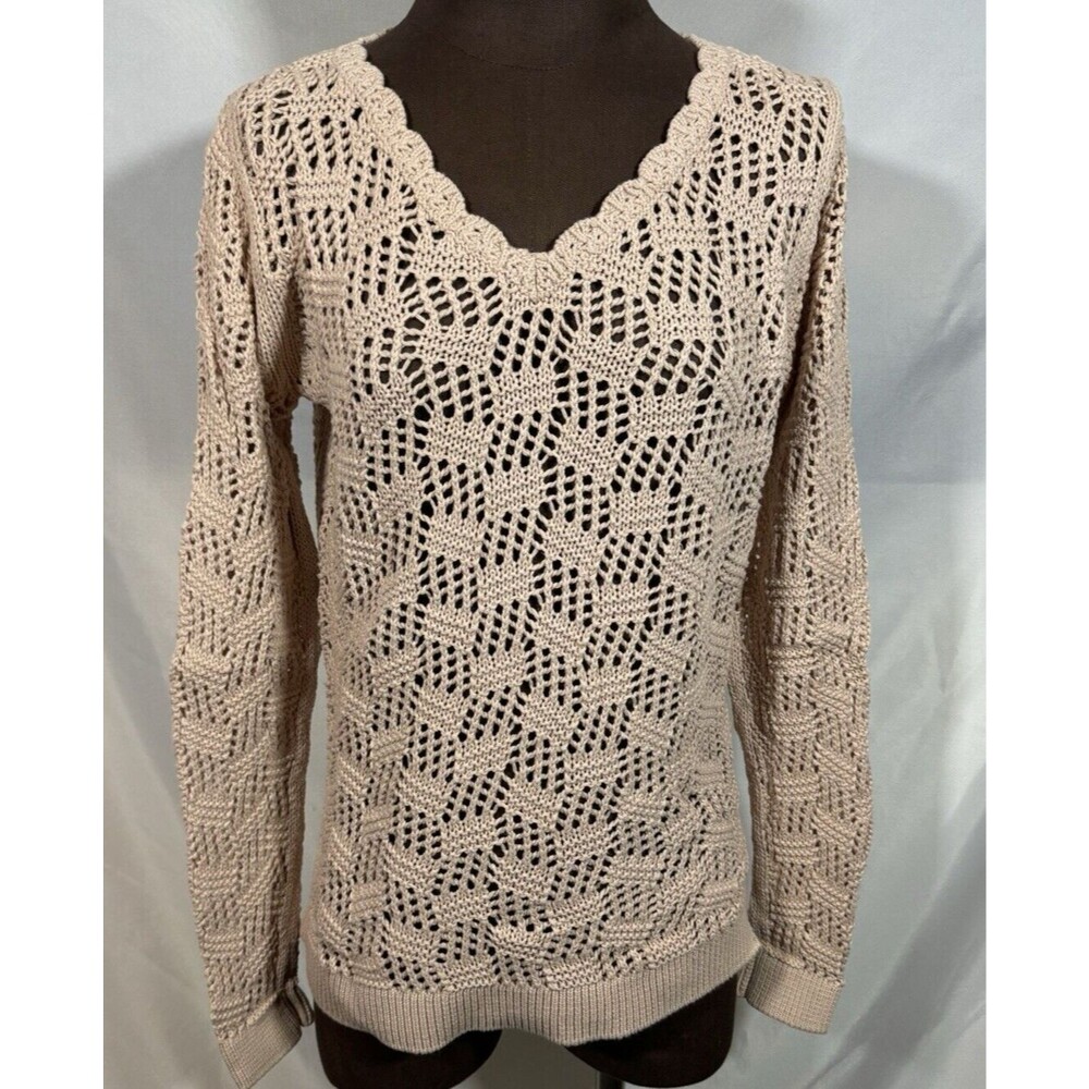 Ann Taylor LOFT Women's Open Knit Crochet Tunic Sweater Tan V-Neck Medium M Tan